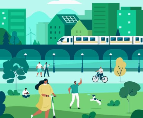 Graphic illustration of green city park with metrorail, scooters