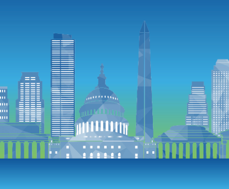 Graphic illustration of Washington DC in blue and green