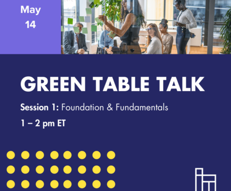 Promotional graphic for an event titled "Green Table Talk." The event is scheduled for May 14 from 1 – 2 pm ET. It is labeled as "Session 1: Foundation & Fundamentals." The image shows a group of diverse professionals in a modern office setting, collaborating around a glass wall with sticky notes. The design features a dark blue background with bold white and yellow text, yellow dots at the bottom left, and a white line-art logo in the bottom right corner.