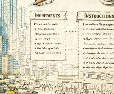Recipe instructions graphic overlaid on city drawing