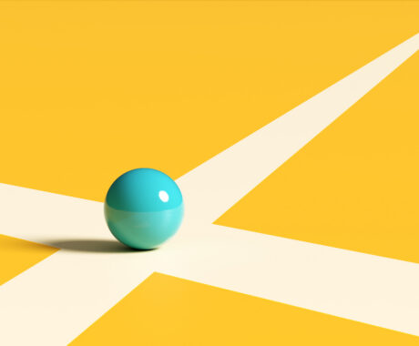 Blue sphere positioned at a crossroads, representing choices and decisions, highlighting opportunities and challenges along the journey