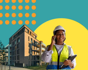Graphic with photo images of woman on phone wearing construction gear and a low rise building in the background with Hub graphics